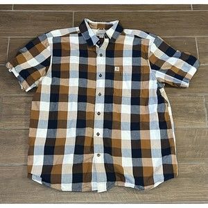 Carhartt Mens Essential Plaid Open Collar Short Sleeve Shirt Brown Relaxed Fit